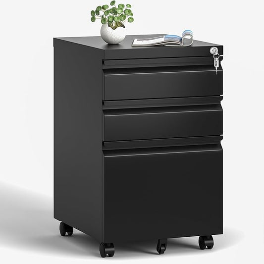 3 Drawers Mobile File Cabinet, Rolling File Cabinet Fully Assembled Under Desk, Metal Filing Cabinet with Lock for Home Office Organizer Letters/Legal/A4 (Black) - LeafyLoom