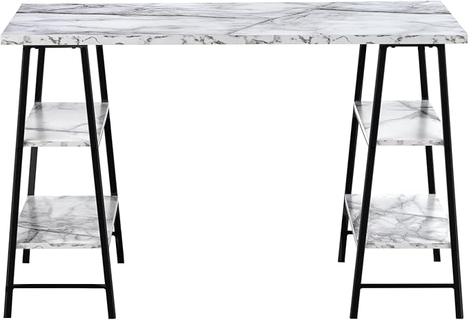 Monarch Specialties 7527 Computer Desk, Home Office, Laptop, Storage Shelves, 48" L, Work, Metal, Laminate, White Marble Look, Black, Contemporary, Modern Desk-48, 47.25" L x 23.75" W x 30" H - LeafyLoom