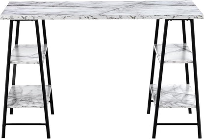 Monarch Specialties 7527 Computer Desk, Home Office, Laptop, Storage Shelves, 48" L, Work, Metal, Laminate, White Marble Look, Black, Contemporary, Modern Desk-48, 47.25" L x 23.75" W x 30" H - LeafyLoom