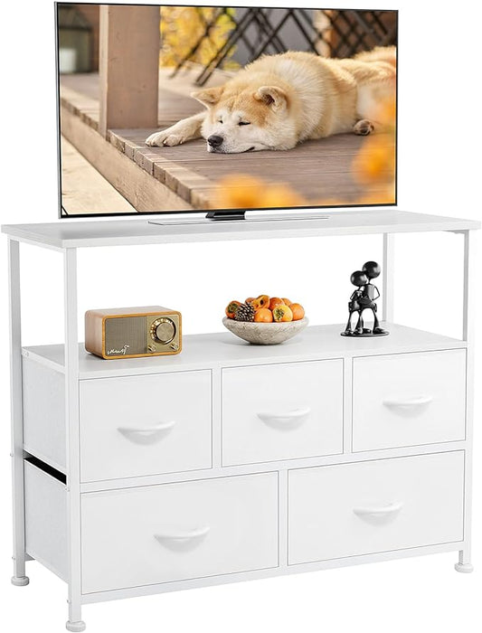 ANTONIA TV Stand Dresser for Bedroom with 5 Fabric Drawer, Entertainment Center for 45 inch Television, Media Console Table with Storage, Open Shelf, Adjustable Feet, Living Room Furniture, White - LeafyLoom