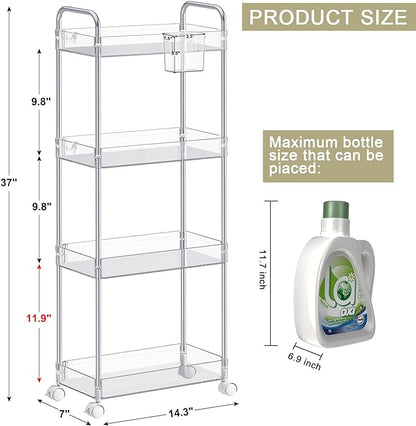 SPACEKEEPER Acrylic Rolling Storage Cart 4 Tier Clear Bathroom Cart Organizer, Transparency Rolling Utility Cart Laundry Room Organization Multifunction Mobile Shelving Unit for Office, Living Room - LeafyLoom