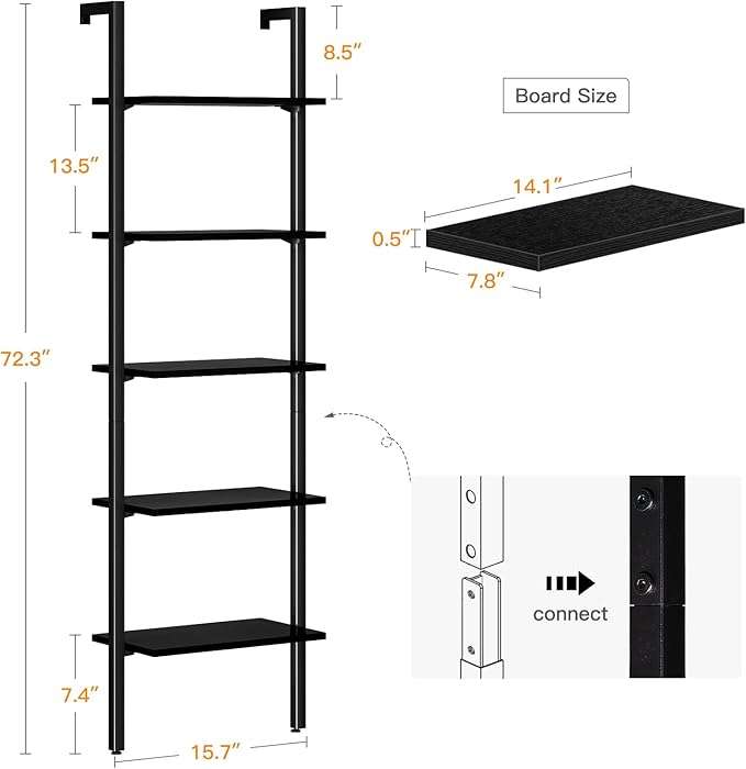 ODK Ladder Shelf, 5 Tier Black Bookshelf, 72 Inch Wall Mounted Book Shelf with Metal Frame, Ladder Bookshelf Bookcase for Bedroom, Home Office and Living Room - LeafyLoom