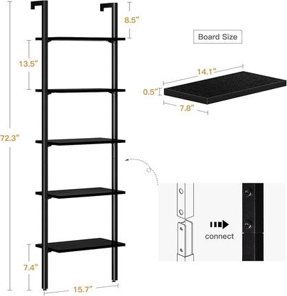 ODK Ladder Shelf, 5 Tier Black Bookshelf, 72 Inch Wall Mounted Book Shelf with Metal Frame, Ladder Bookshelf Bookcase for Bedroom, Home Office and Living Room - LeafyLoom