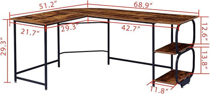 Anivia 68.9" Reversible L Shaped Desk with Storage Shelves - Corner Computer Desks Gaming Table Workstation for Home Office, Writing, Study, Caramel Brown - LeafyLoom