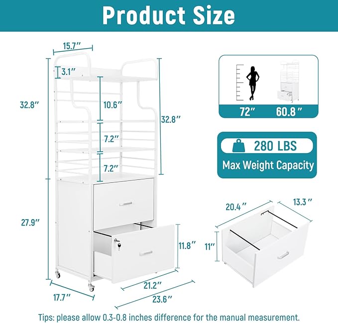 Vertical File Cabinet, 2 Drawer Mobile Filing Cabinet with 3 Bookshelf, Printer Stand with Open Storage Shelves Fits A4/Letter/Legal Size File Cabinets for Home Office Organizer, White - LeafyLoom