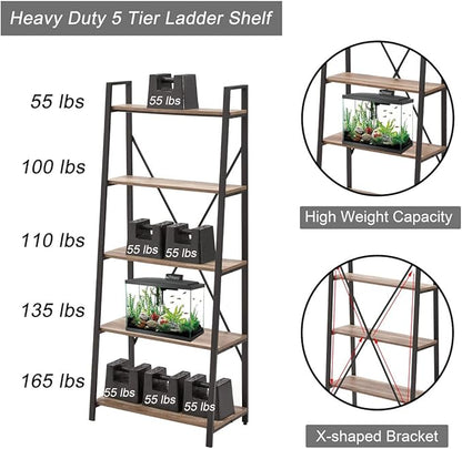 BON AUGURE Industrial 5 Tier Ladder Bookshelf, Wood and Metal Ladder Shelf Bookcase, Farmhouse Leaning Shelves for Living Room (Vintage Oak) - LeafyLoom