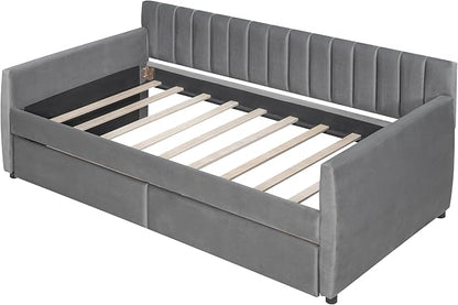 Velvet Upholstered Twin Daybed with Two Storage Drawers, Solid Wooden Sofa Bed Frame w/Vertical Stripes Designed Backrest and Pine Legs, Space-Saving Design, Gray - LeafyLoom