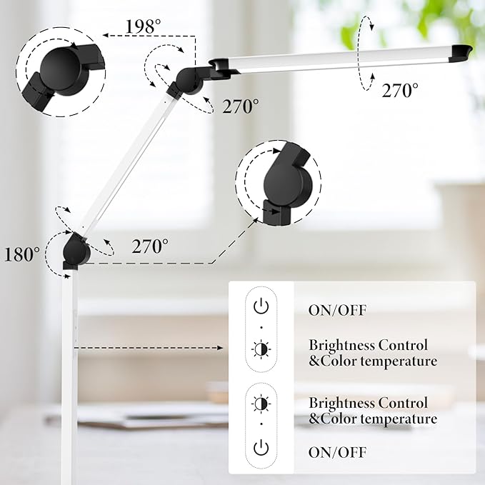 LED Desk Lamp with USB Charging Ports,Creative Touch Reading Light, with Memory Dual Light and Adjustable Swing Arm,15W 4 CCT Eye-Care Modes & 4 Brightness Levels Table Lamp for Home Office-White - LeafyLoom