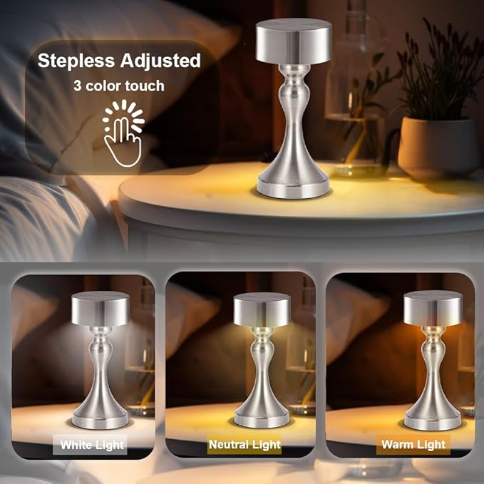 Portable Metal Desk Lamp, Cordless Metal LED Table Lamp,3 Color Touch Control Rechargeable Lamp,3-Levels Brightness Room Decor Desk Lamp,Bedside Lamp,Dining Room Lamp (Silver) - LeafyLoom