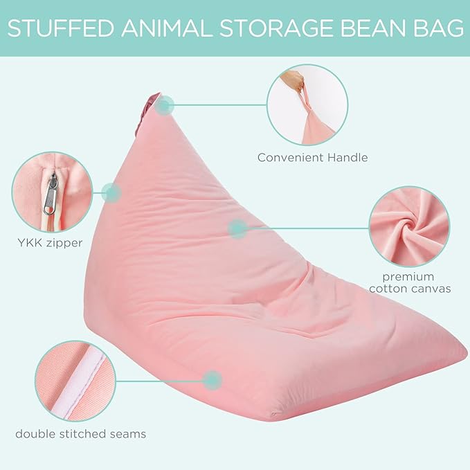 Aubliss Stuffed Animal Storage Bean Bag Chairs Cover, 50"x 35" Extra Large Velvet Bean Bags Chair for Kids & Adults, Ultra Soft Zipper Beanbag Toy Storage for Boys Girls - Pink - LeafyLoom