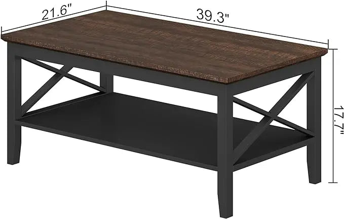 ChooChoo Oxford Coffee Table, Wooden Coffee Table with Thicker Legs, Black Coffee Table with Storage for Living Room - LeafyLoom