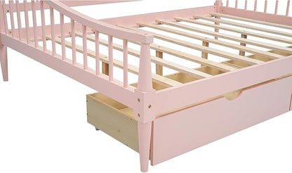 Full Size Daybed with Two Drawers,Solid Wood Storage Bed Frame W/Wooden Slat Support,Guide Rail Design on Three Sides,Easy to Assemble,for Bedroom Living Room,Pink - LeafyLoom