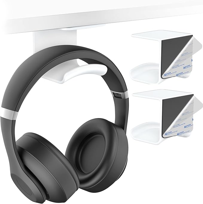 HomeMount Headphone Hook Under Desk - Headphone Holder Under Table, Adhesive Gaming Headphone Stand Hanger Desk Mount for Most Headphone(White-2P) - LeafyLoom