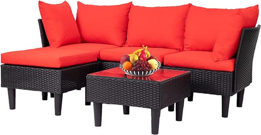 FDW Patio Furniture Sets 5 Pieces Outdoor Wicker Conversation Set Sectional Sofa Rattan Chair for Outdoor Backyard Porch Poolside Balcony Garden Furniture with Coffee Table,Red Cushion - LeafyLoom