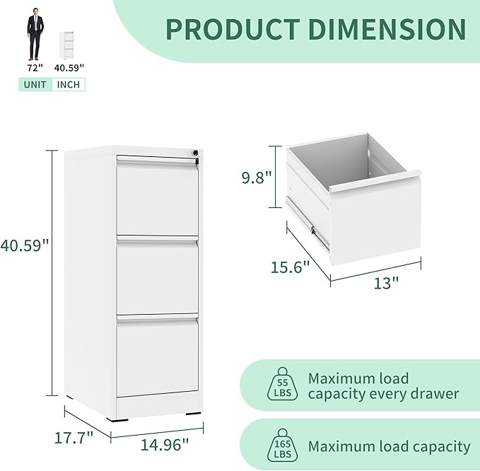 3 Drawer File Cabinet with Lock, Metal Vertical Filing Cabinets for Home Office, Steel Storage Cabinet for Hanging Legal/Letter Size Files, Assembly Required (White) - LeafyLoom