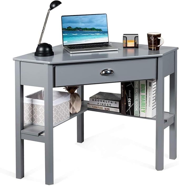 Nightcore Small, Wood Computer Desk, Compact Writing w/Drawer & Storage Shelves, Space Saving Study Workstation, Laptop PC Corner Table, Grey - LeafyLoom