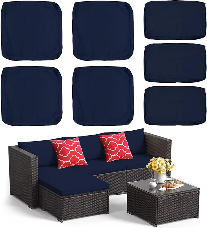 ClawsCover 7Pack Outdoor Patio Seat and Back Cushions Replacement Covers Fit for 3/5 Pieces 4-Seater Wicker Rattan Furniture Conversation Set Sectional Couch,Navy-Large (Include Cover Only) - LeafyLoom