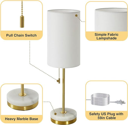 Luvkczc Minimalist Table Lamp Set of 2, Nightstand Lamp for Bedroom Living Room, Modern Pull Chain Bedside Lamp with Marble Base, Fabric Shade, Small Desk Lamp for Home, Office, Reading,Gold - LeafyLoom