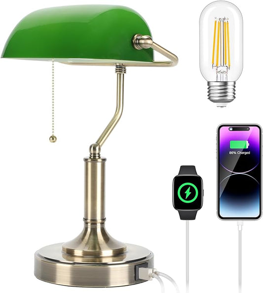 Bankers Lamp, Green Desk Lamp with Pull Chain Switch, Retro Lamp with USB and Type C Charging Ports, Vintage Lamp for Home Office, Piano, Library, LED Bulb Included (Retro) - LeafyLoom