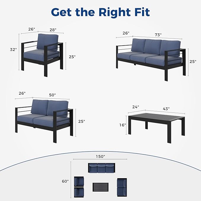 Wisteria Lane Aluminum Outdoor Patio Furniture Set, Modern Patio Conversation Sets, Outdoor Sectional Metal Sofa with 5 Inch Cushion and Coffee Table for Balcony, Garden, Black Frame and Blue Cushion - LeafyLoom