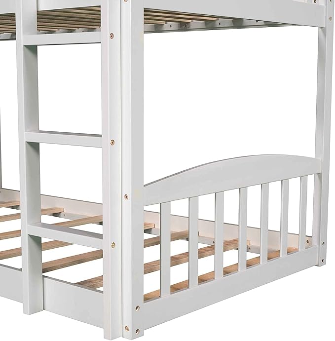 Twin Over Twin Bunk Bed with Slide for Kids Bedroom,Solid Pinewood Bedframe,House Bunkbeds w/Safety Guardrails & Roof Design,No Box Spring Needed, White - LeafyLoom