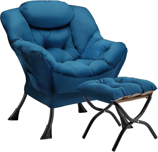 Lazy Chair with Folding Ottoman Modern Large Accent Chair,Contemporary Lounge Leisure Sofa Chair with Armrests Upholstered Sofa Armchair Reading Chair for Bedroom,Dorm & Office,Blue - LeafyLoom