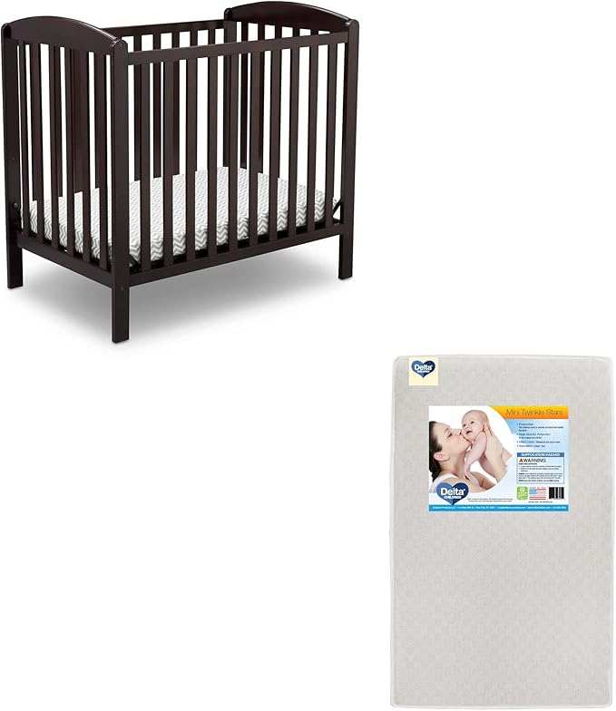 Delta Children Emery Mini Convertible Baby Crib & Twinkle Stars 3-Inch Waterproof Mini Crib Mattress, Dark Chocolate - LeafyLoom