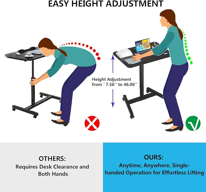 Rolling Desk with Adjustable Height, Sit-to-Stand Desk with Lockable Wheels, 28-Inch Rolling Standing Mobile Desk Cart for Home Office Classroom (Black) - LeafyLoom