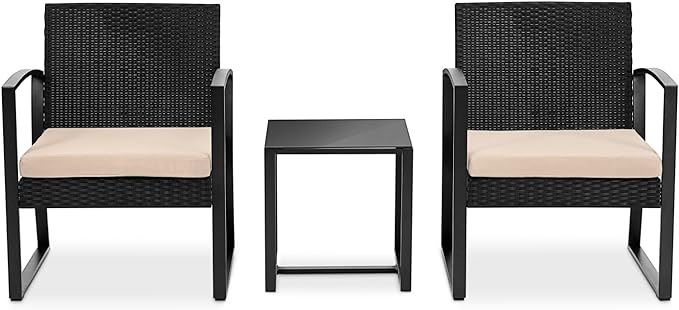 SereneLife Patio Outdoor Furniture, 3 Pcs. Per Set-includes 2 Single Chairs with Soft Cushion and 1 Glass-top Coffee Table, Black Weather-Resistant Resin Wicker Rattan, Brown - LeafyLoom