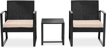 SereneLife Patio Outdoor Furniture, 3 Pcs. Per Set-includes 2 Single Chairs with Soft Cushion and 1 Glass-top Coffee Table, Black Weather-Resistant Resin Wicker Rattan, Brown - LeafyLoom