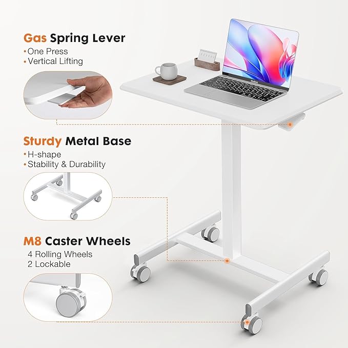 edx Small Mobile Rolling Standing Desk - Overbed Table, Teacher Podium with Wheels, Adjustable Work Table, Rolling Desk Laptop Computer Cart for Home, Office, Classroom, White - LeafyLoom