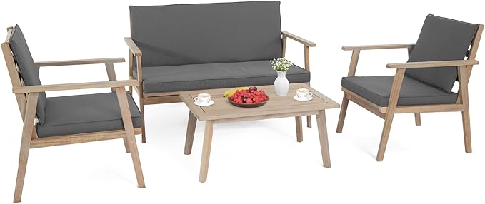 VINGLI Outdoor Patio Furniture, 4 Piece Acacia Wood Sofa Set w/Coffee Table, Patio Table and Chairs Set for Deck, Balcony, Backyard (Light Natural) - LeafyLoom