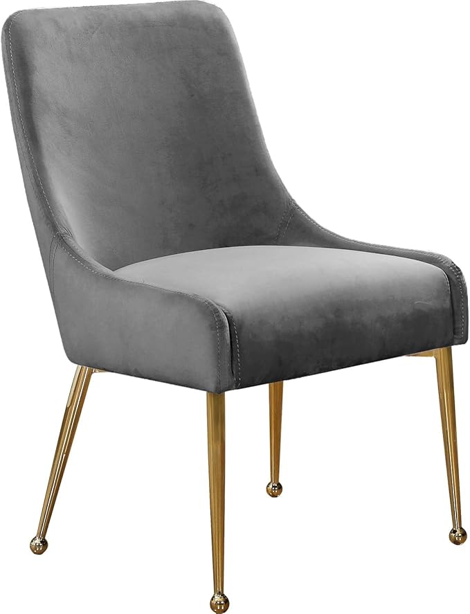 Meridian Furniture Owen Collection Modern | Contemporary Velvet Upholstered Dining Chair with Polished Gold Metal Legs, Set of 2, 24" W x 21" D x 34.5" H, Grey - LeafyLoom