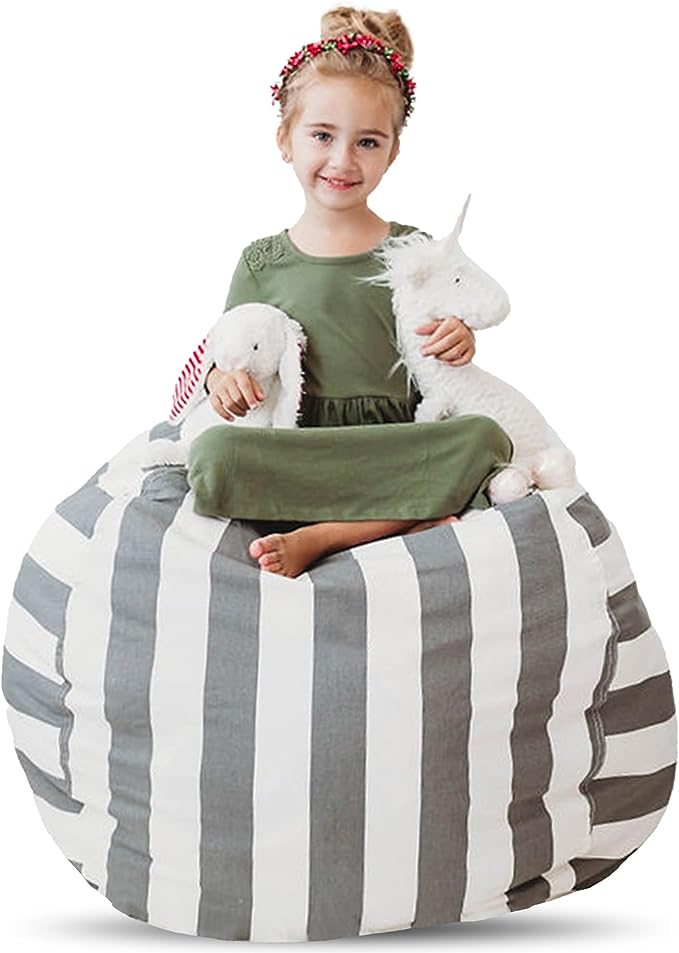 Creative QT Stuff ’n Sit Large 33’’ Bean Bag Storage Cover for Stuffed Animals & Toys – Gray & White Stripe – Toddler & Kids’ Rooms Organizer – Beanbag Makes Great Plush Toy Hammock Alternative - LeafyLoom