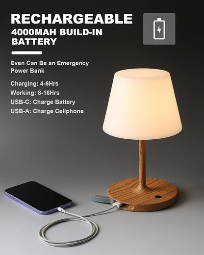 Outdoor Battery Operated Table Lamp Waterproof, 4000mAh Cordless Rechargeable, Touch Dimmable Desk Lamp, LED Night Light for Patio Camping Restaurant Home, H9.6in, Wood Grain - LeafyLoom