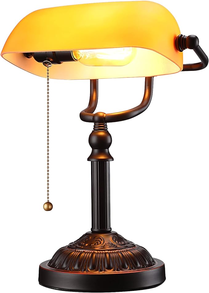 TORCHSTAR Bankers Desk Lamp with Pull Chain Switch, Amber Glass Shade Desk Lamps, Bronze Base, UL Listed, E26 Base, Vintage Library Lamp for Office, Study Room(Matted Orange) - LeafyLoom