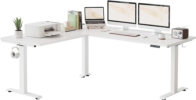 FEZIBO 75 Inches, Supports over 300mlbs,L Shaped Standing Desk Reversible, Electric Height Adjustable Corner Stand up Desk, Sit Stand Desk Computer Workstation, White Frame/White Top - LeafyLoom