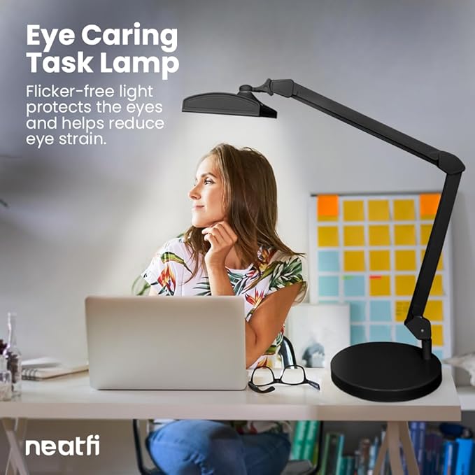 Neatfi Ultra 3,500 Lumen LED Desk Lamp, Color Correlated Temperature, 3 Light Modes, Dimmable, 45W, 26 Inch Wide Metal Shade, 540 SMD LEDs (CCT with Base, Black) - LeafyLoom