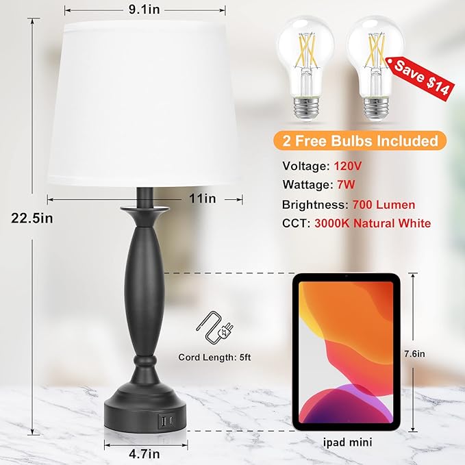 White Lamps for Bedrooms Set of 2 - Touch Control Bedside Lamp with USB C+A, 3 Way Dimmable Nightstand Lamps with USB Port, Table Lamp for Living Room(White Shade and Black Base) - LeafyLoom