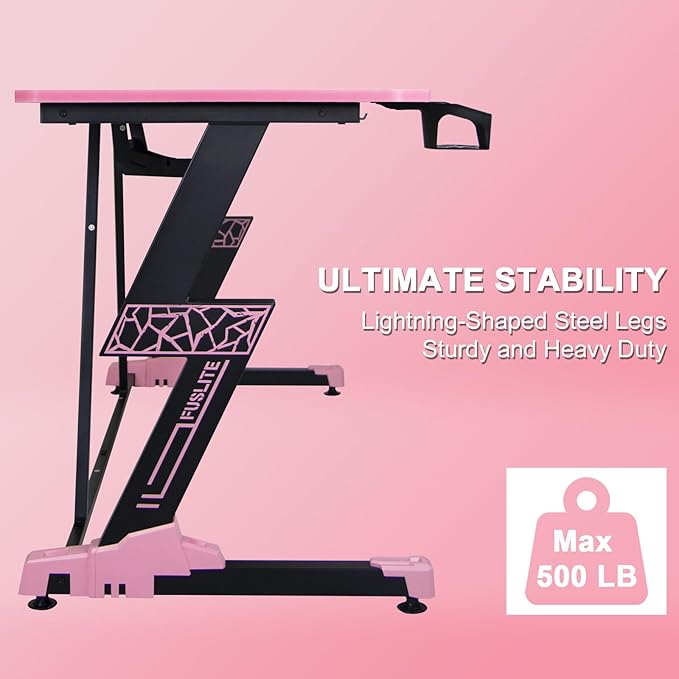 63 Inch Gaming Desk, with Carbon Fiber Surface, Lightning-Shaped PC Computer Table, with Headphone Holder, Cup Holder, Cable Management Box, Gaming Table for Gamer, Black&Pink - LeafyLoom