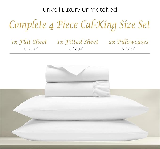 Bluemoon Homes 100% Egyptian Cotton Sheets California King Size - 1000 Thread Count, 4-Piece White Cal king Bedding Set, Sateen Weave Hotel Luxury, Fits Mattress upto 18" Deep Pocket - White Sheets - LeafyLoom