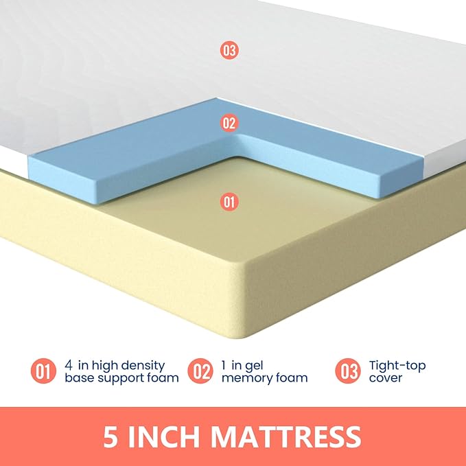 FDW 5 Inch Gel Memory Foam Mattress Medium-Firm Mattress for Pressure Relief & Cooler Sleep Mattress for Kid Adults CertiPUR-US Certified Mattress in a Box, King - LeafyLoom