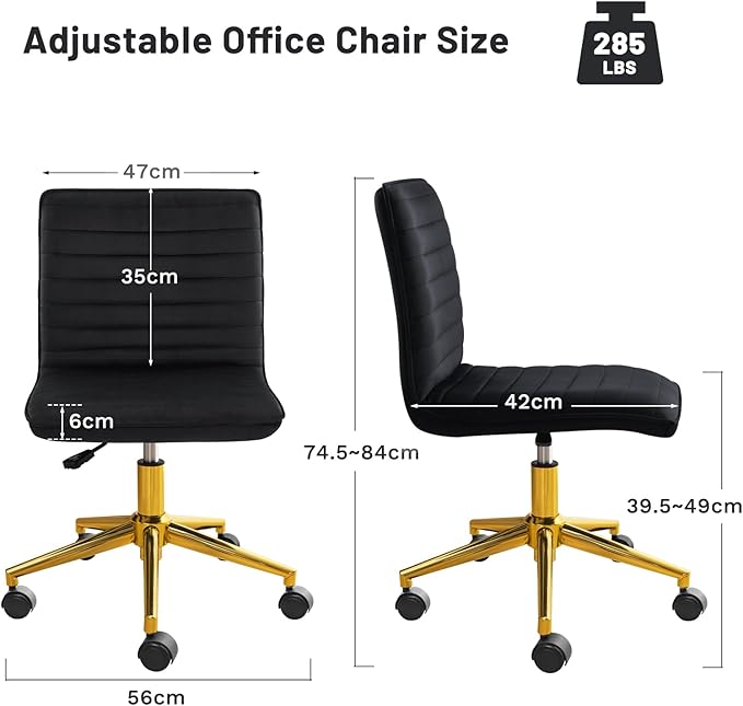 Furniliving Home Office Chair, Armless Vanity Chair with Wheels Swivel Velvet Computer Rolling Desk Chair with Back, Adjustable Accent Chair with Gold Metal Base Stool Chair,Black - LeafyLoom