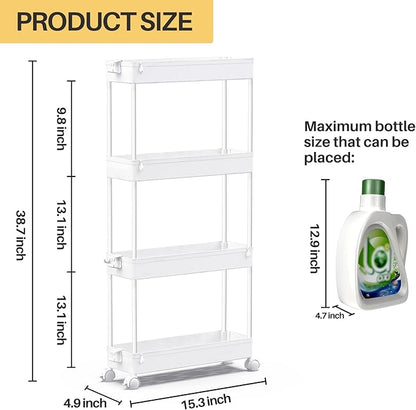 SPACEKEEPER Slim Rolling Storage Cart 4 Tier Bathroom Organizer Mobile Shelving Unit Utility Cart Tower Rack for Kitchen Laundry Narrow Places, White - LeafyLoom