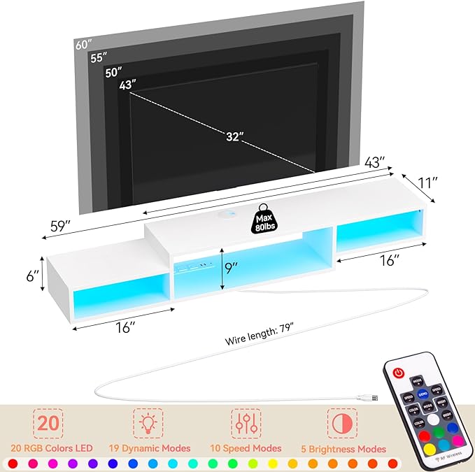 FABATO 59'' Floating TV Stand with LED Light Power Outlet, Floating Shelf for Under TV Wall Mount with Storage Shelf, Media Console Entertainment Center for Living Room, White - LeafyLoom