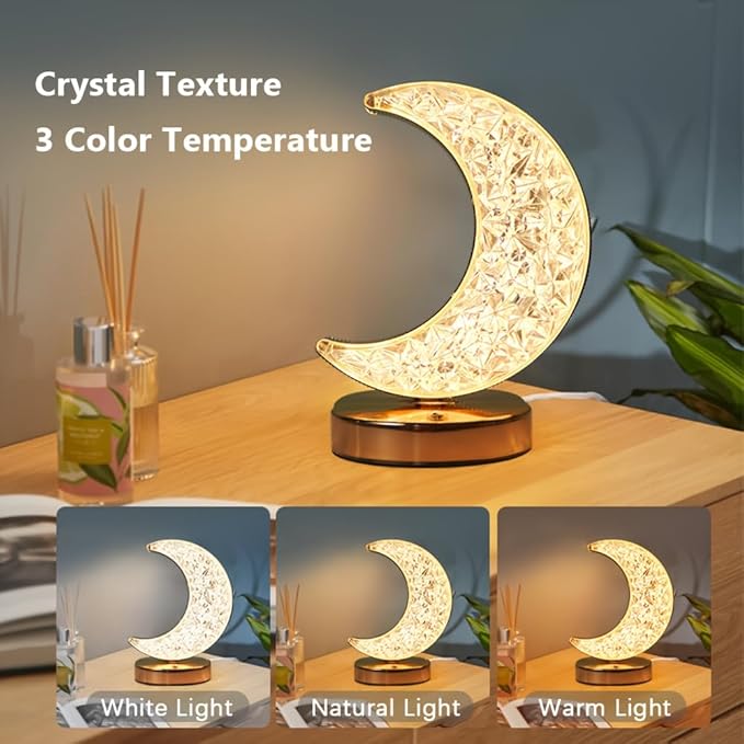 Cordless Moon Crystal Table Lamp,3-Color Touch Control, Rechargeable Battery - Ideal Bedside Lamp for Bedroom Nightstand (Gold Moon) - LeafyLoom