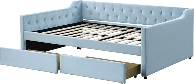 Full Size Velvet Upholstered Tufted Daybed with 2 Drawers,Modern Wood Bed Frame w/Armrests,Slat Support,No Box Spring Needed,Daybeds for Apartment,Bedroom,Guest Room,Blue - LeafyLoom