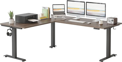 FEZIBO Triple Motor L-Shaped Electric Standing Desk, 75 Inches Height Adjustable Stand up Corner Desk, Sit Stand Workstation with Splice Board, Black Frame/Black Walnut Top - LeafyLoom