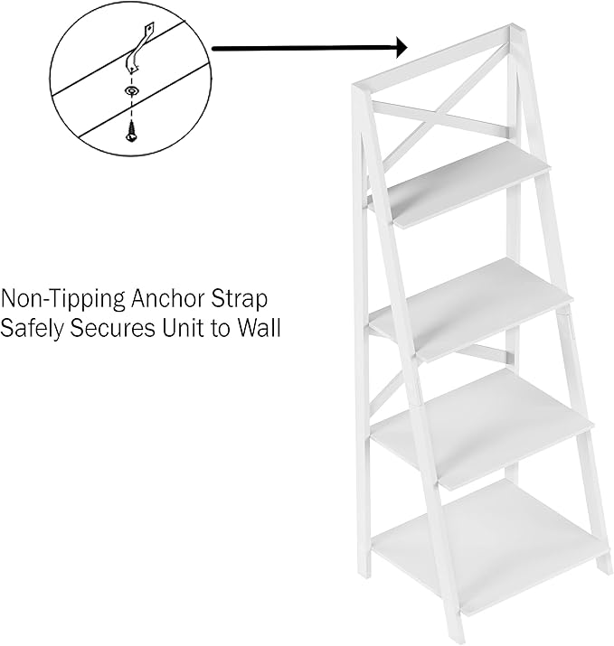 Lavish Home 4-Tier Ladder Bookshelf - Freestanding Shelved Bookcase with X-Back Frame and Leaning Look - Display Shelves for Home or Office (White) - LeafyLoom