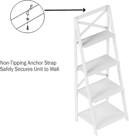 Lavish Home 4-Tier Ladder Bookshelf - Freestanding Shelved Bookcase with X-Back Frame and Leaning Look - Display Shelves for Home or Office (White) - LeafyLoom